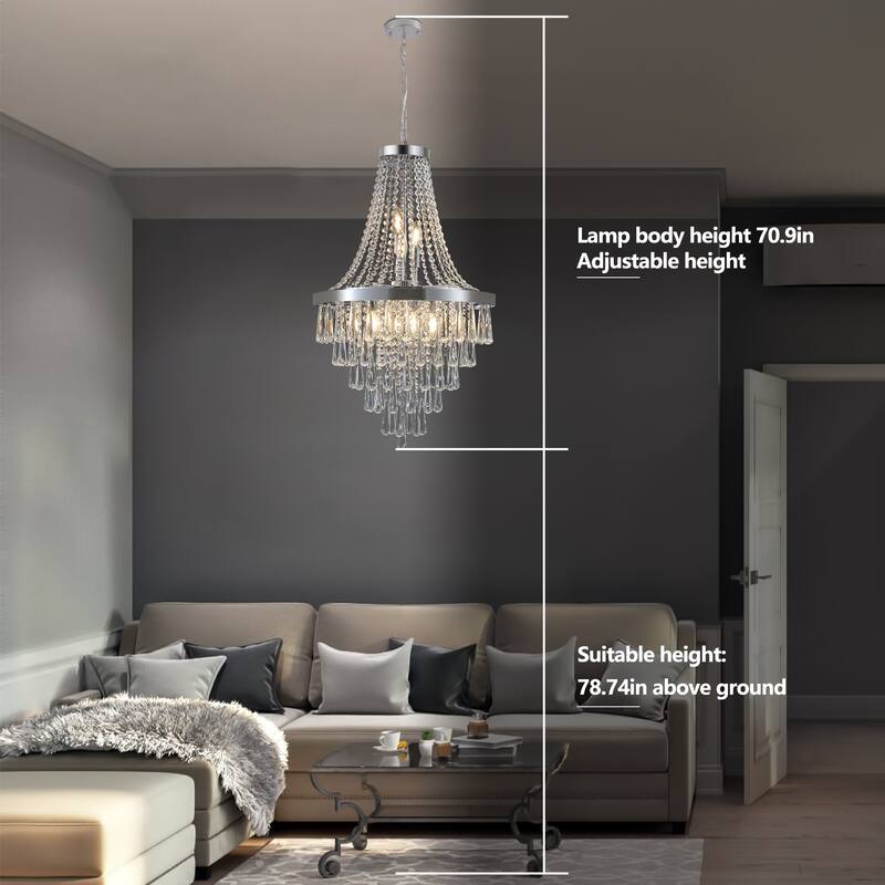 20" Chrome Crystal Chandelier with Adjustable Height, Modern Ceiling Light Fixture for Living Room, Dining Room, Staircase