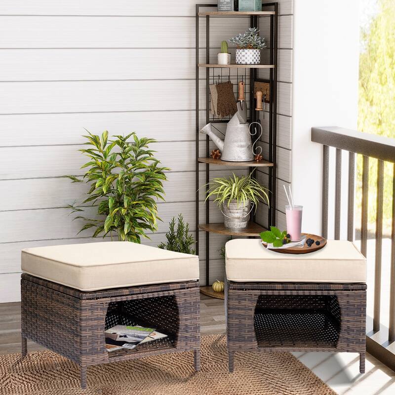 2 Pieces Outdoor Patio Furniture Rattan Storage Ottoman with Cushion - Creamy White Cushion-Brown Wicker