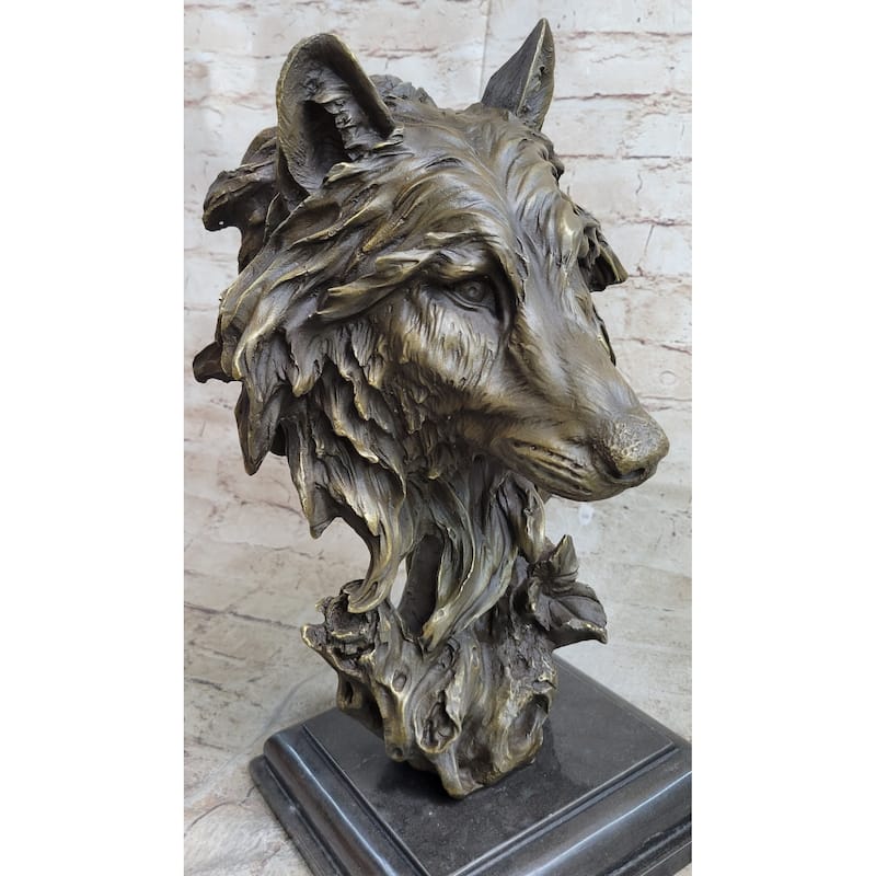 Art Deco Marble Bronze Sculpture Statue Wolf Head Bust Wild Life Garden Figurine