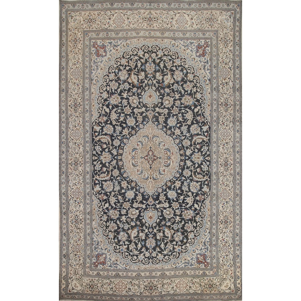 Hand Knotted Oriental 100% Wool Carpet Traditional Floral Black Nain Area Rug - 11' 9'' X 7' 11''