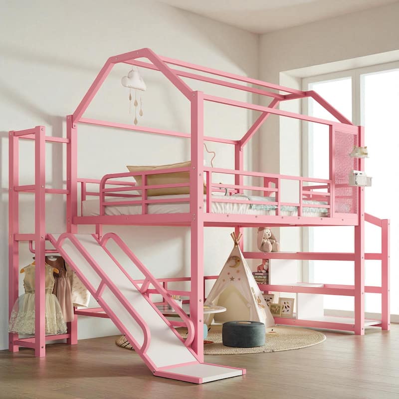 Twin/Full Metal House Loft Bed with Slide and Stairs, Kids Playhouse Bed with Roof, Storage Shelves & Guardrails