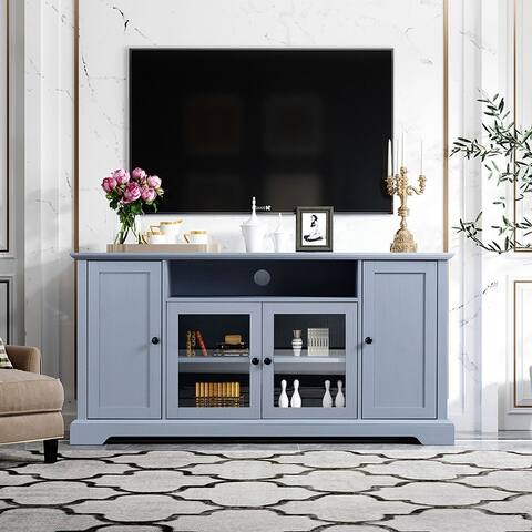 TV Stand with 2 Tempered Glass Doors, Open Style Cabinet