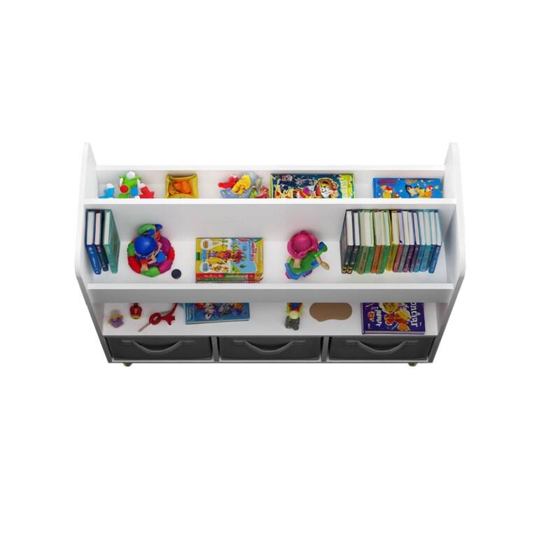 Kids Bookshelf with 3 Fabric Bins - Modern Toddler Bookcase and Toy Storage Organizer