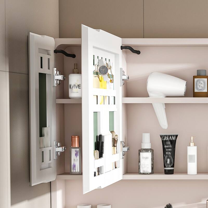 Medicine Cabinet Mirror with LED Light, Defogging Function, Cosmetic Storage Rack, and Hair Dryer Holder for Bathroom
