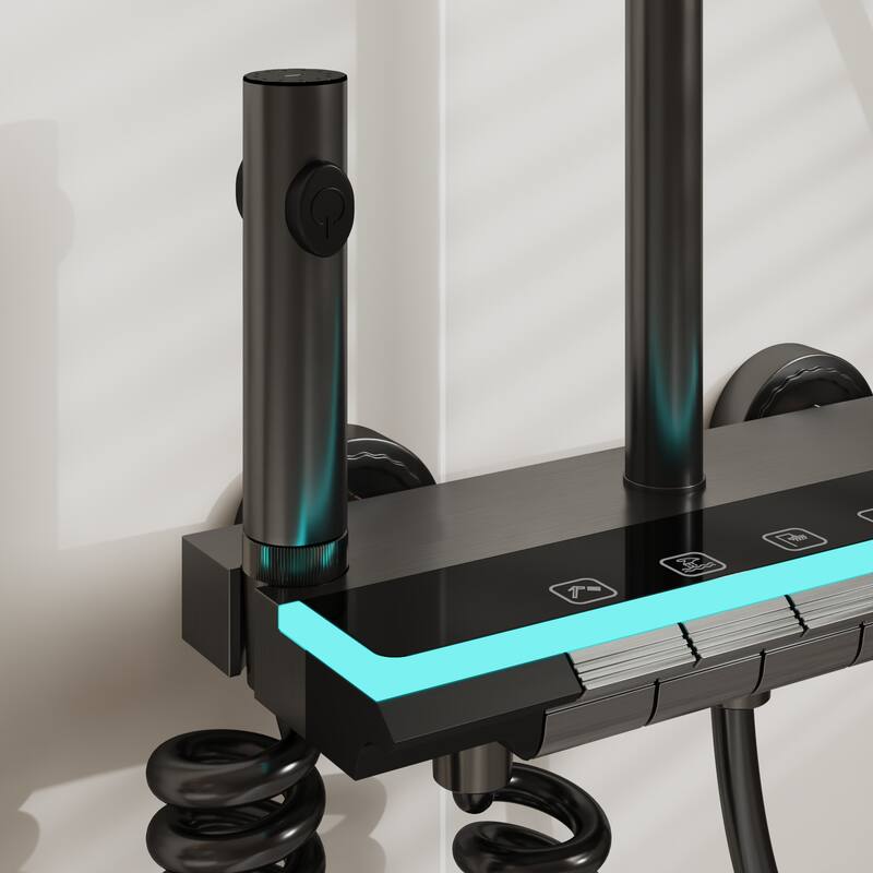 Shower System with LED Temperature Display, 4 Function Piano Button Shower Panel with Rainfall Shower Head, Handheld Shower