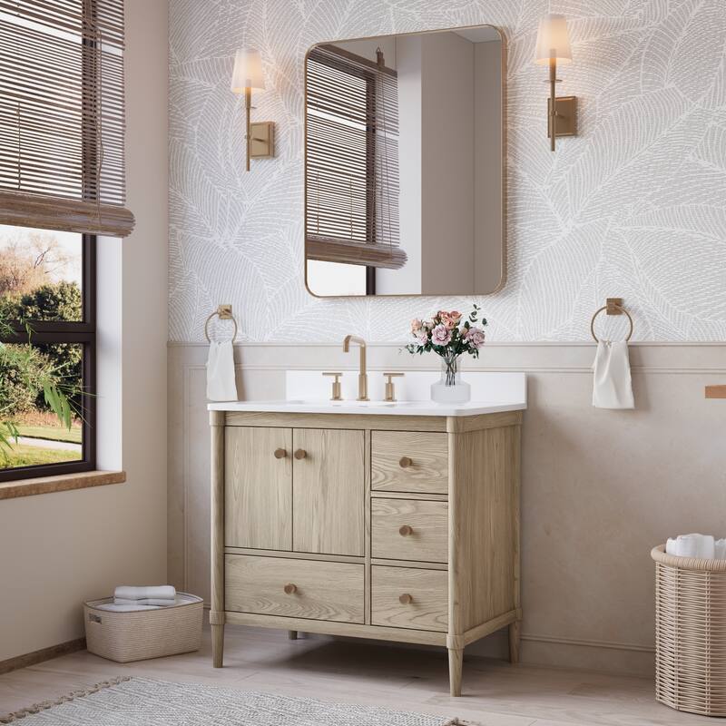 34''H Solid Wood Bathroom Vanity With Carrera White Quartz Top and Sink