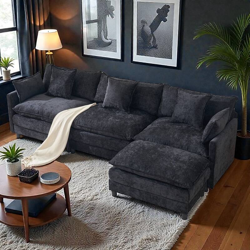 108 Inch L Shaped Modular Sectional Sofa, Chenille Cloud Couch with Ottoman, Deep Seat Modern Sofa