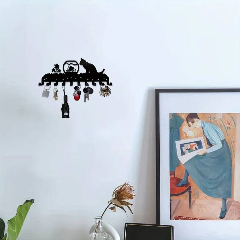 Adorable Kitty Black Iron Wall Mounted Rack with 10 Hooks for Entryway or Bedroom - 13.78”L x 5.51”H