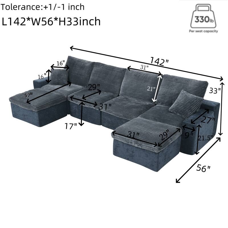 142" Modular U-Shaped Sectional Sofa, DIY Combination, No Assembly