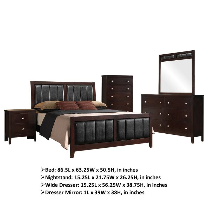 Con 5 Piece Queen Bedroom Set, Black Leather Upholstery, Dark Brown