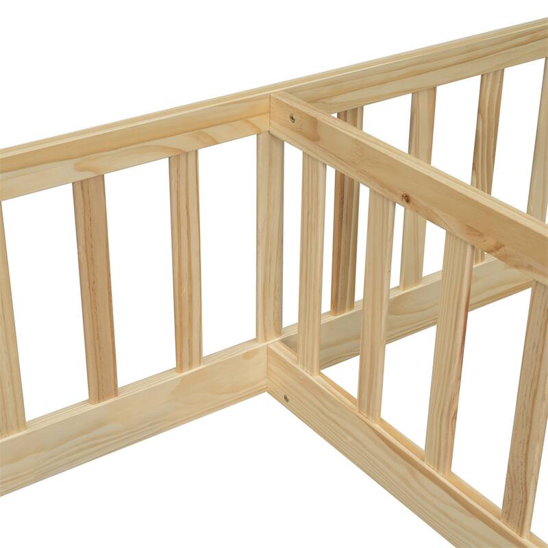 Double Twin Floor Bed with Fence, Guardrails, Without Door