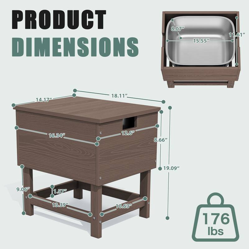 Outdoor Patio Weather Resistant HDPE Coffee & Side Table, Build-in Stainless Steel Cooler Bucket