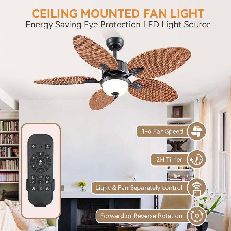 50 Inch Tropical Ceiling Fan with Palm Leaf Blades Glass Cover Remote Control Waterproof for Indoor and Outdoor Patio