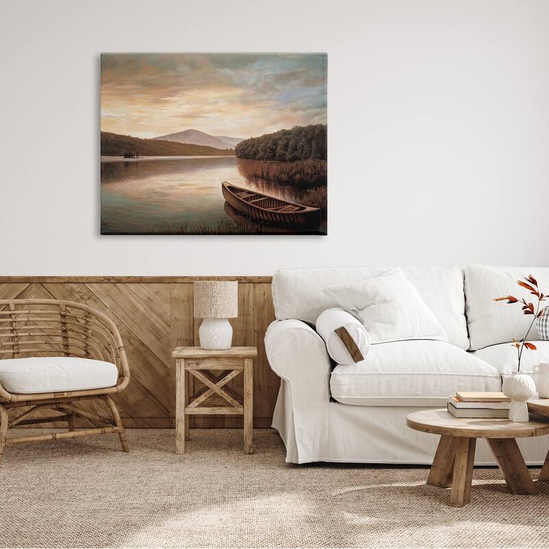 Stupell Lakeside Canoe Cloudy Sky Mountain Forest Landscape Canvas Wall Art - Brown