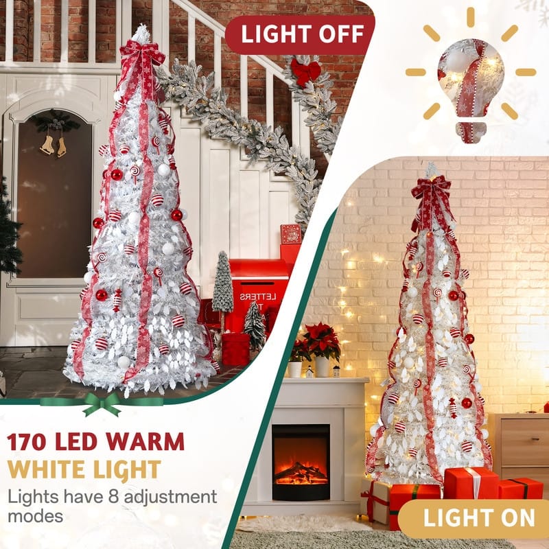 7 FT Fully Decorated Pre-lit Christmas Tree, Pop Up Artificial Xmas Tree for Home Office Store Holiday Deco