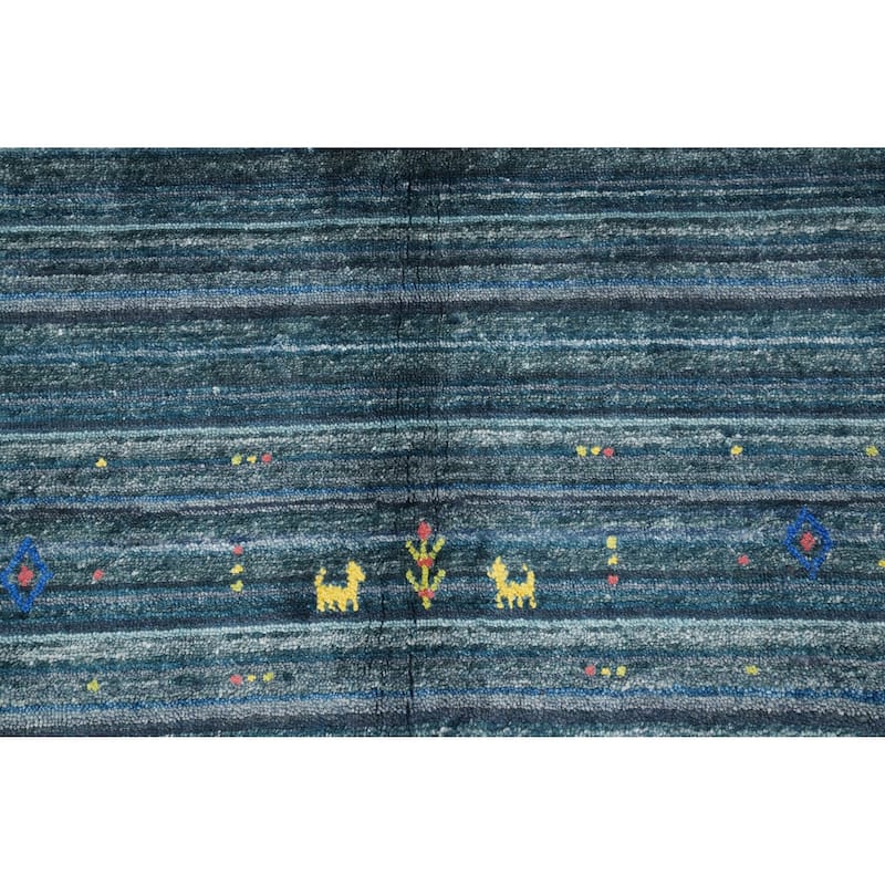 Hand Knotted Oriental Viscose Silk Carpet Tribal Animal Pictorial Navy Blue & Blues Gabbeh Area Rug - 5' 9'' X 6' 3''