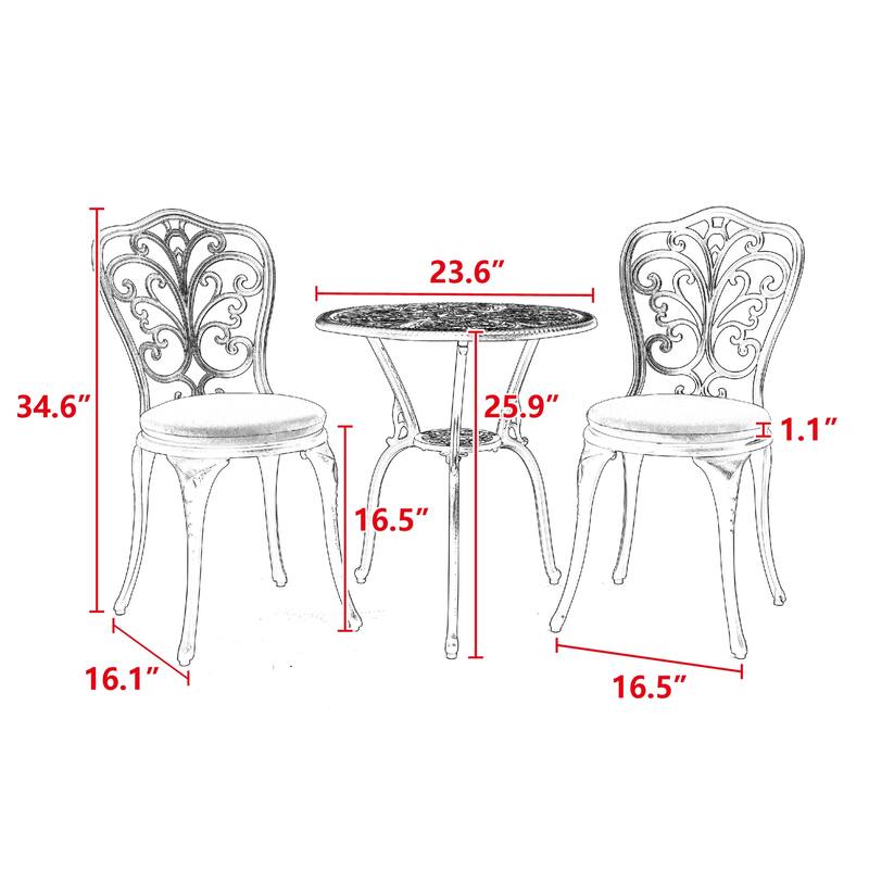 3-Piece Outdoor Aluminum Conversation Furniture Set for 2 People, Patio Bistro Table and Chairs Set with Butterfly Design