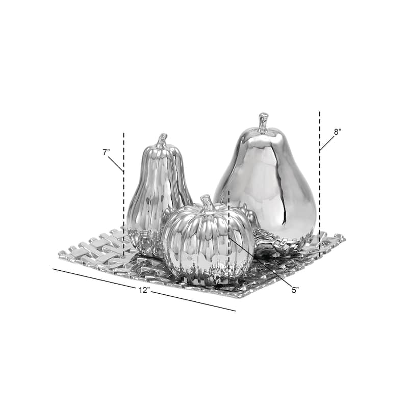 Ceramic Fruit Pear, Pumpkin, and Squash Decorative Sculpture with Decorative Plate - Set of 4 Gold or Silver - Roche River Decor