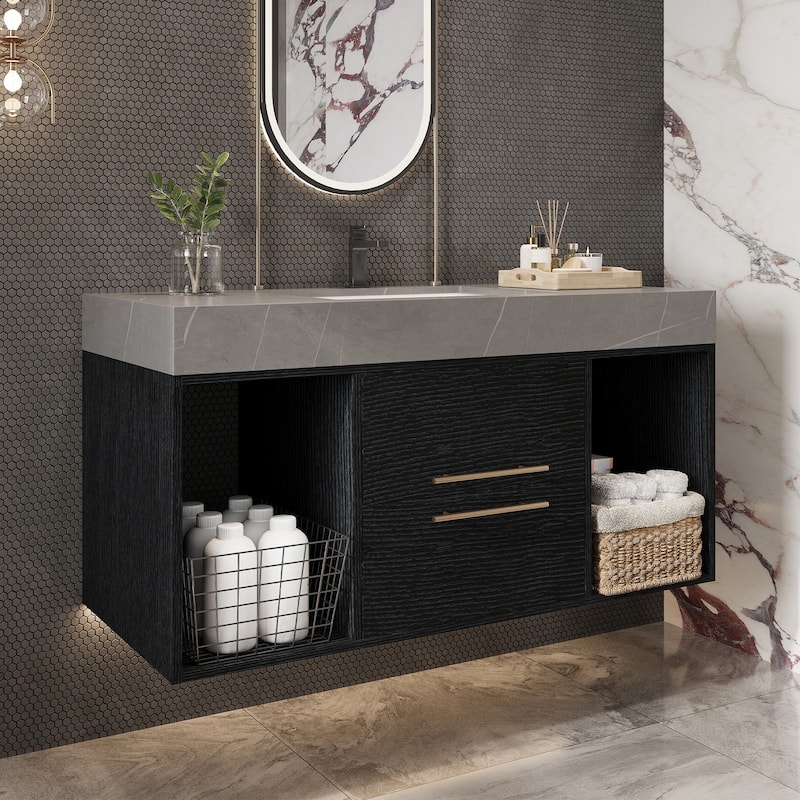 GDFStudio - Modern 39.4" Wall Mounted Floating Sintered Stone Bathroom Vanity with Seamless Ceramic Sink & Soft-Close Drawers