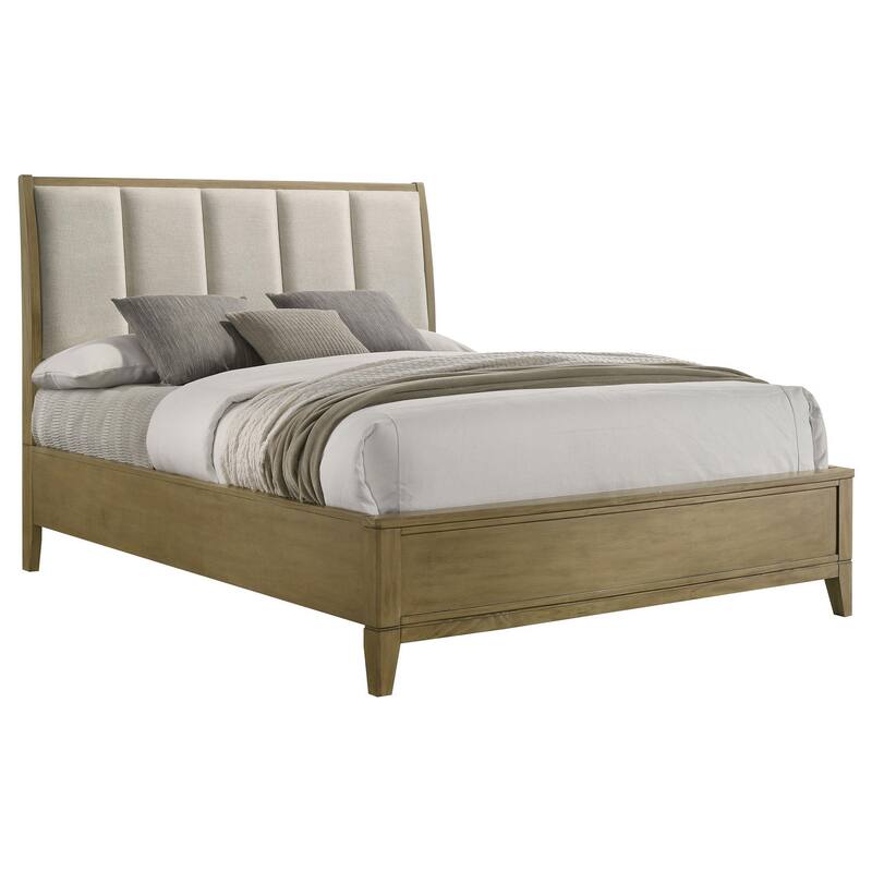 Heon Queen Bed, Block Panel Headboard, Ivory Upholstery, Pine Wood