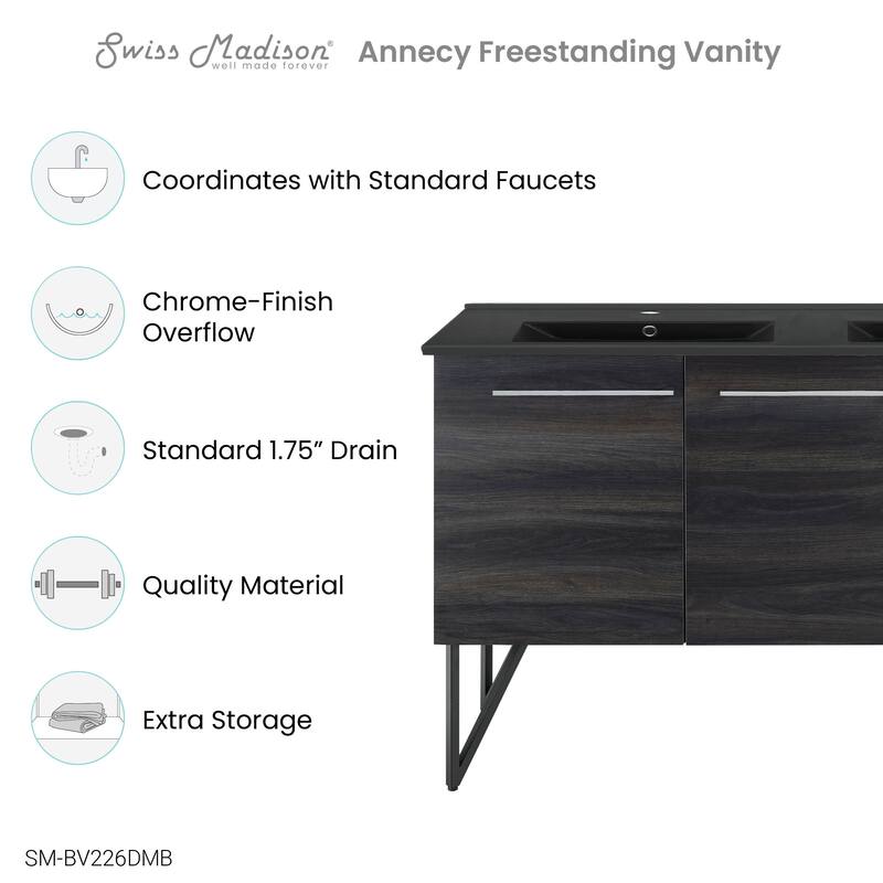 Annecy 60 In. Black Walnut, Double Basin Bathroom Vanity With Black ArtificialStone Sink Top