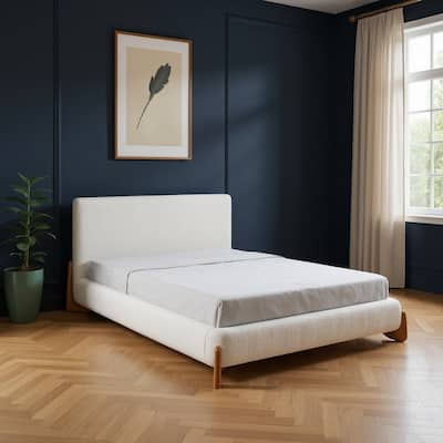 HomeRoots Ivory Solid Wood And Boucle Queen Bed Frame
