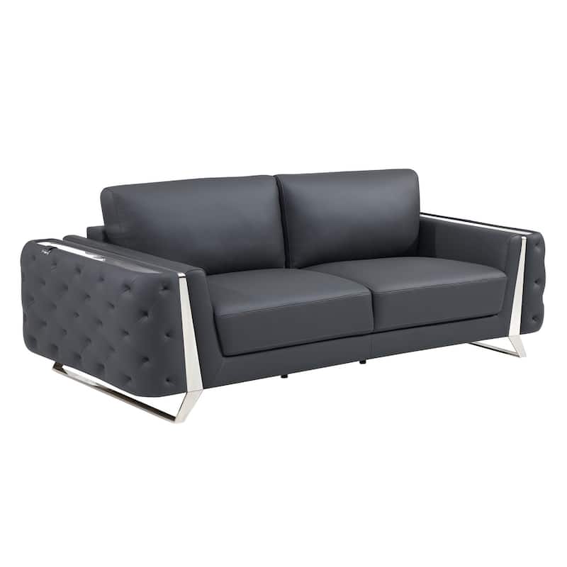 HomeRoots 90" Gray Italian Leather Sofa With Silver Legs