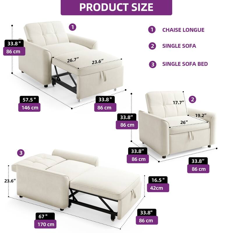 3-in-1 Sleeper Sofa Bed, Pull Out Chair Sofa For Living Room