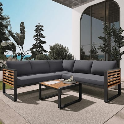 4-Piece L-Shaped Outdoor Patio Sectional Sofa Set with Metal and Wood Frame and Soft Cushions for Comfortable Seating