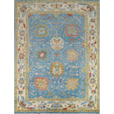 Light Blue Oushak Indian Area Rug Hand-Knotted Wool Carpet - 7'11"x 9'7"