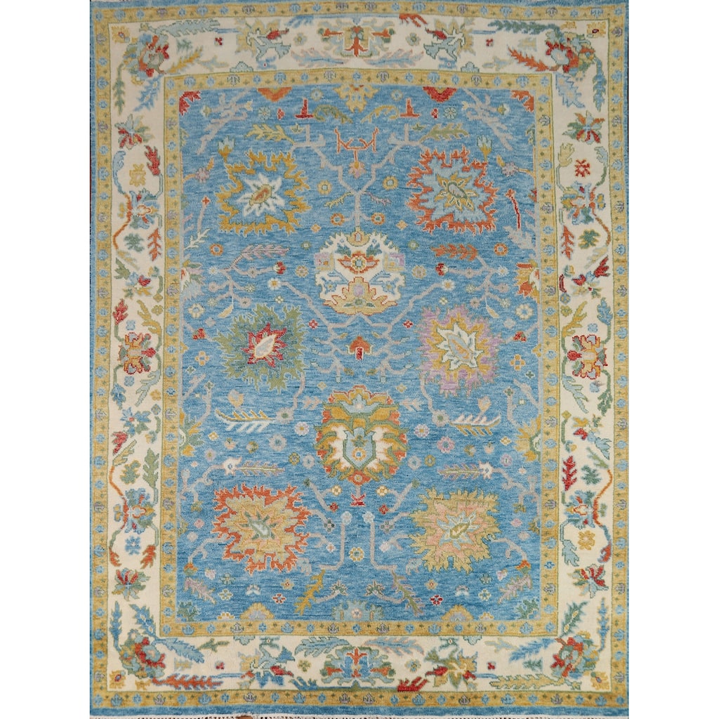 Light Blue Oushak Indian Area Rug Hand-Knotted Wool Carpet - 7'11"x 9'7"