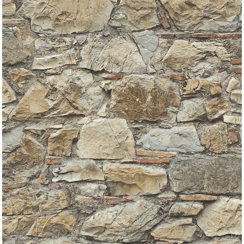Seabrook Designs Faux Stone Wall Prepasted Wallpaper - 20.5 in. W x 33 ft. L - 20.5 in. W x 33 ft. L - Toffee & Ivory