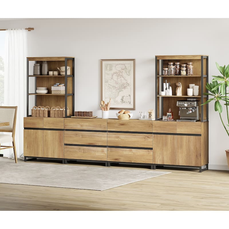 WAMPAT Modern TV Stand with 3 Tiers Bookshelf, Farmhouse Entertainment Center with 2 Storage Cabinets and 6 Drawers