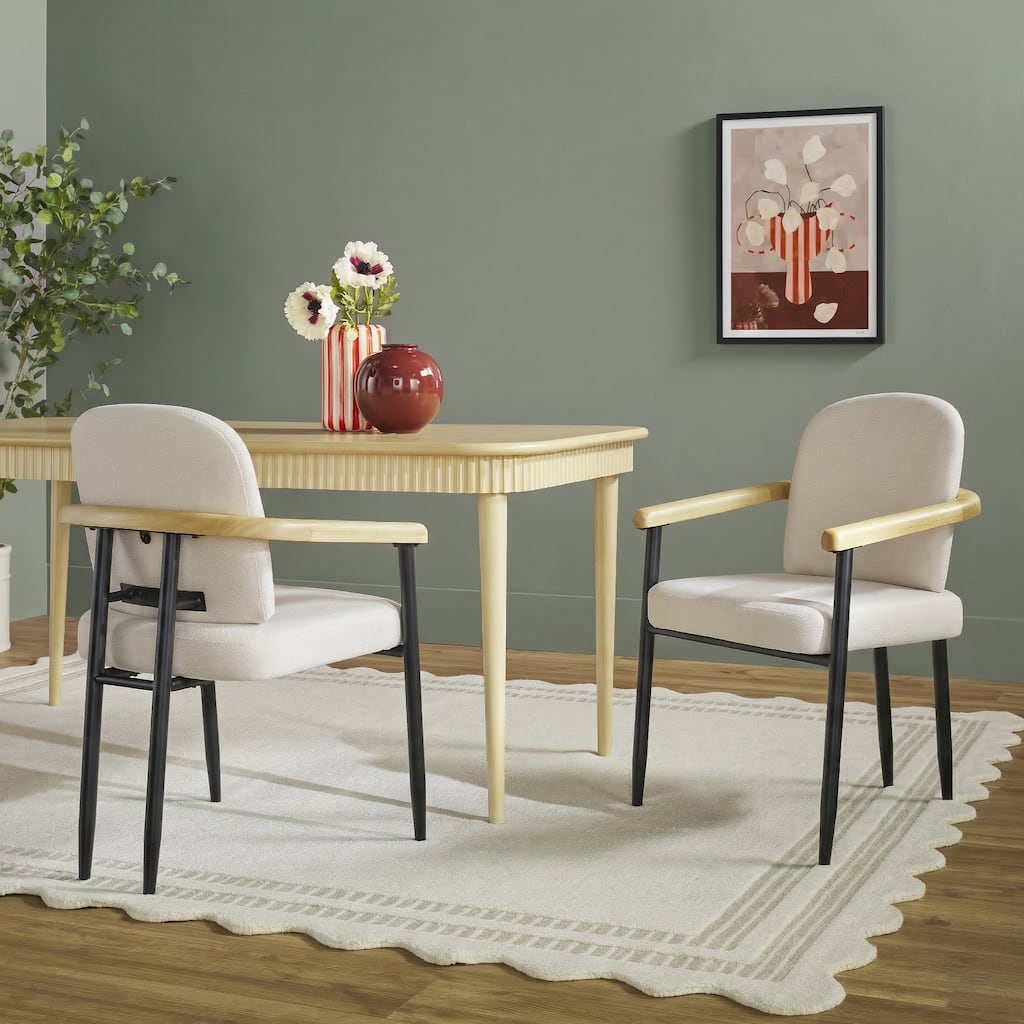 Modern Curved Wood and Black Metal Upholstered Dining Chair (Set of 2)