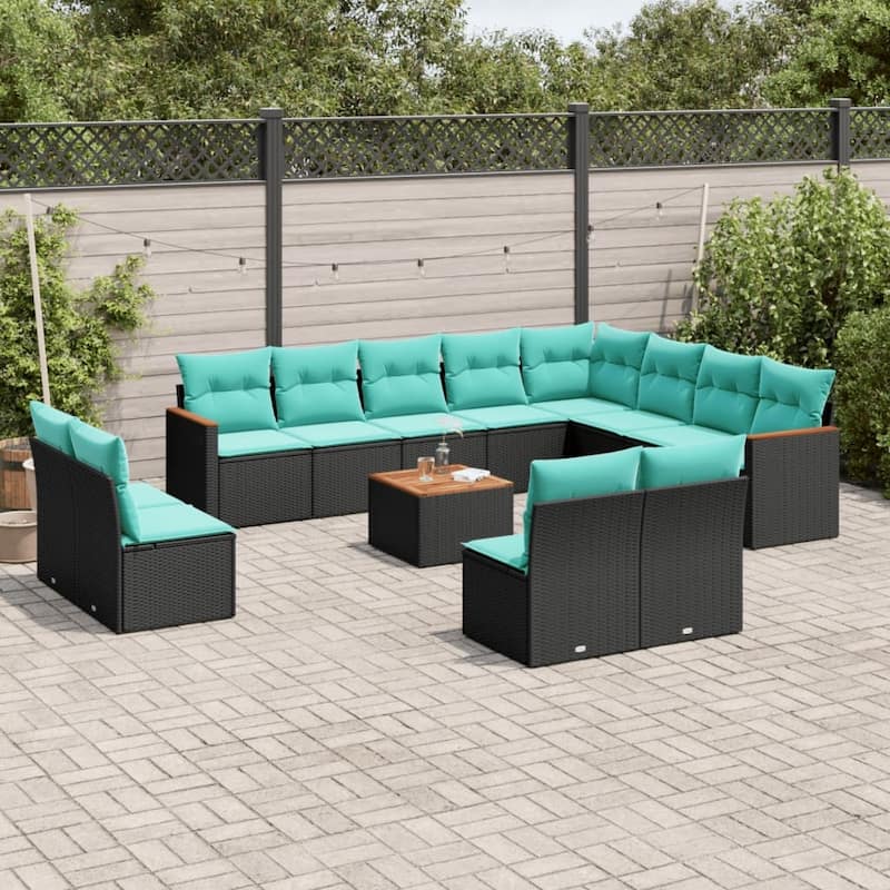 vidaXL 12/13 Piece Patio Sofa Set with Cushions Black/Gray Poly Rattan - 24.4 x 24.4 x 27.2 - Black With table