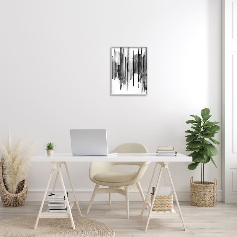 Stupell Vertical Black Ink Strokes Abstract Watercolor Over White Framed Wall Art