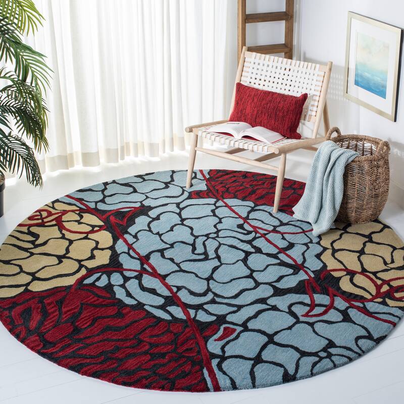 SAFAVIEH Handmade Wyndham Wiltrud Grey New Zealand Wool Rug - 7' Round - Charcoal/Red