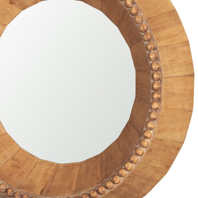 HomeRoots 30" Brown Solid Wood Faceted And Beaded Round Framed Accent Mirror - 29.92 in. x 29.92 in. x 4.13 in.