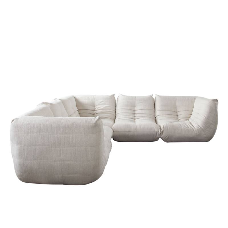 Ezee 5pc Modular L Shaped Sofa, Low Profile Floor Seating Cream Pleated Polyester