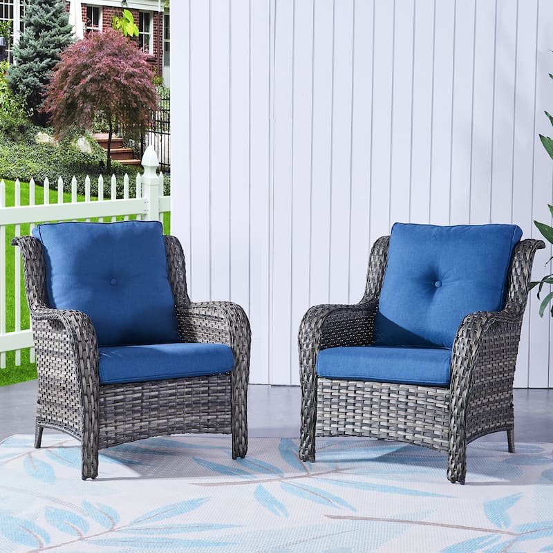 Outdoor Wicker High Back Club Chair with Cushions (Set of 2) - Grey/Blue
