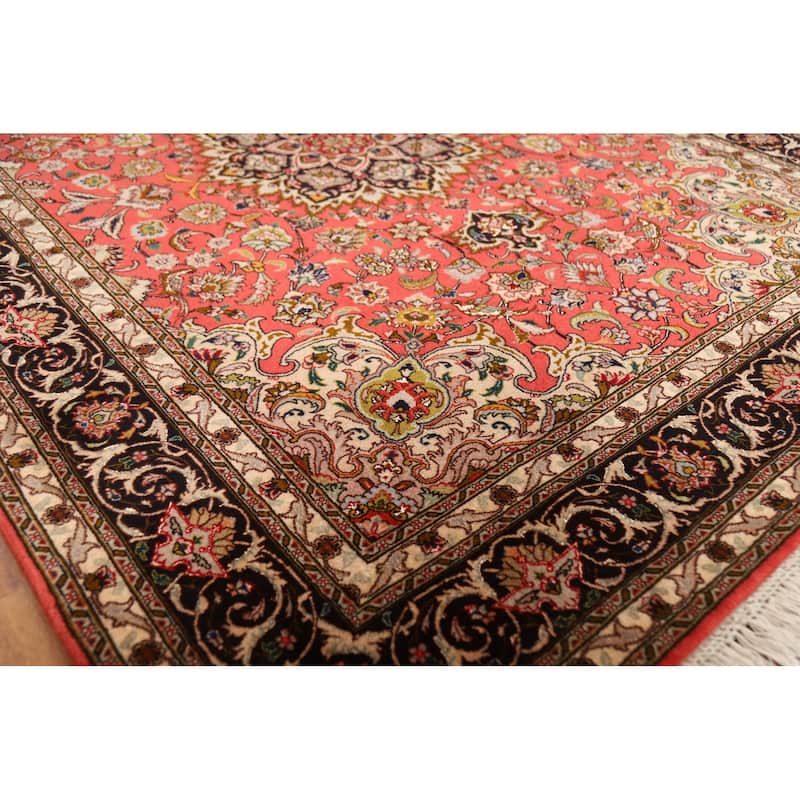 Hand-Knotted Red Floral Wool & Silk Tabriz Persian Rug - 5'1"x 6'9"