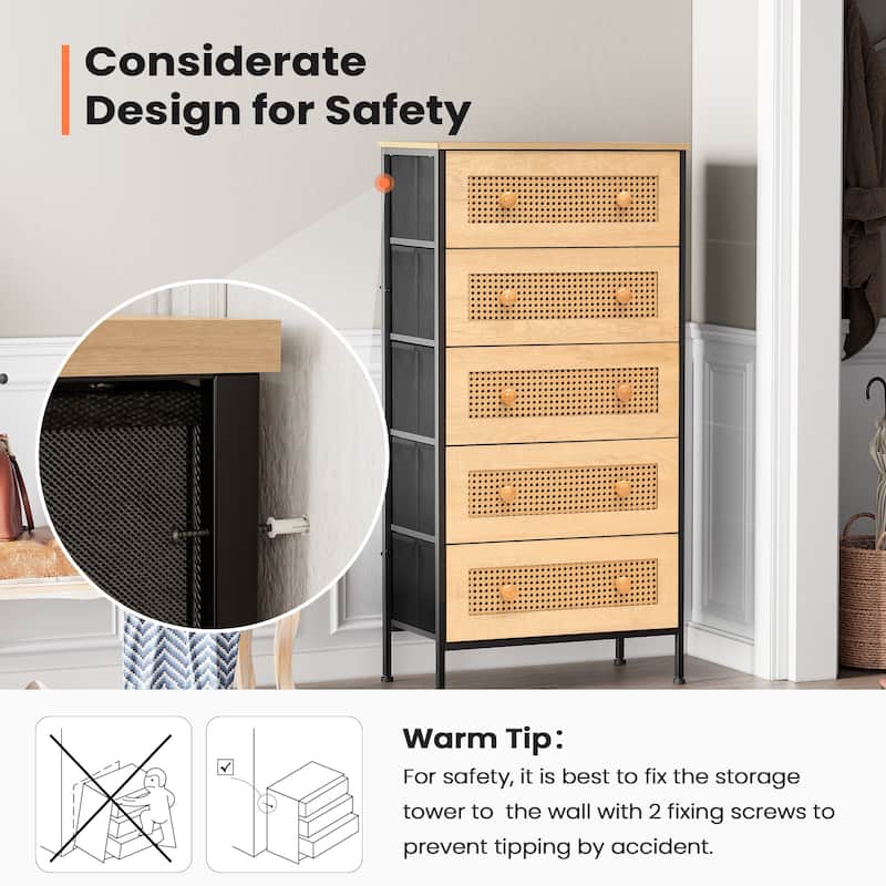 5-Drawer Closet Dresser Chest PE Rattan Storage Tower Organizer Cabinet