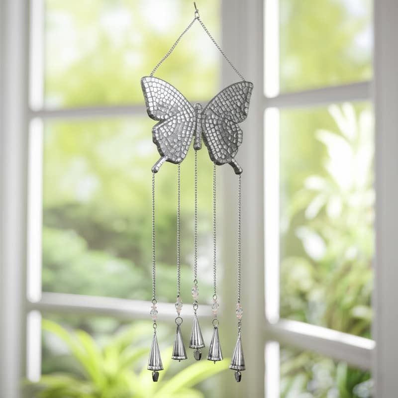 Metal Windchime with Glass Accents and Iron Bells in Butterfly Shape
