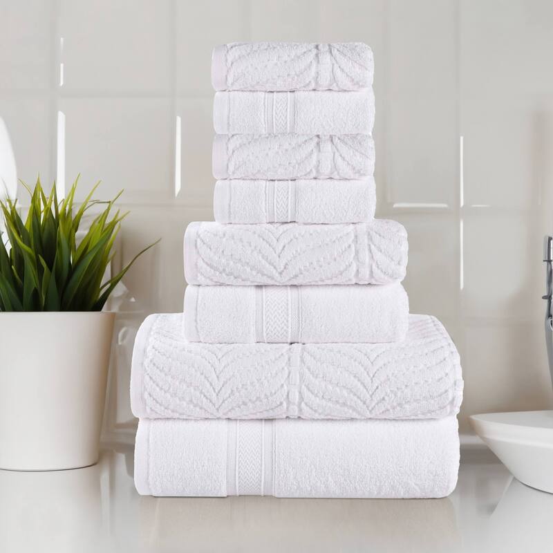 Superior Chevron Zero Twist Solid and Jacquard Cotton 8 Piece Towel Set - White