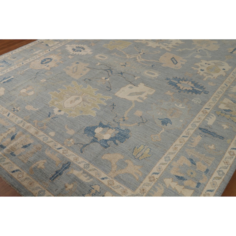 Hand Knotted Oriental 100% Wool Carpet Transitional All-Over Navy Blue & Blues Oushak Area Rug - 9' 11'' X 8' 6''
