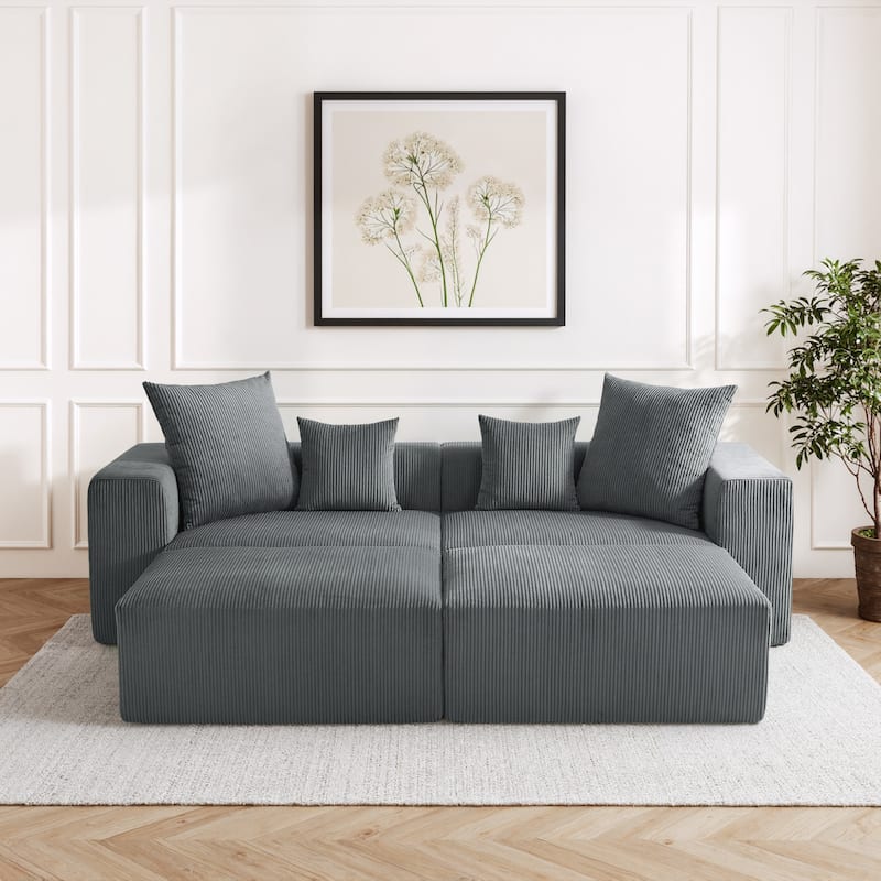 Corduroy Upholstered Modular Sectional Sofa with Ottoman - Gray-4 piece - Symmetrical