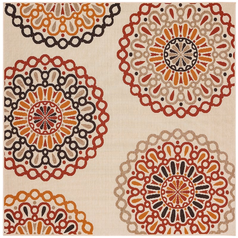 SAFAVIEH Veranda Felizitas Geometric Medallion Indoor/Outdoor Area Rug - 8' x 8' Square - Creme/Red