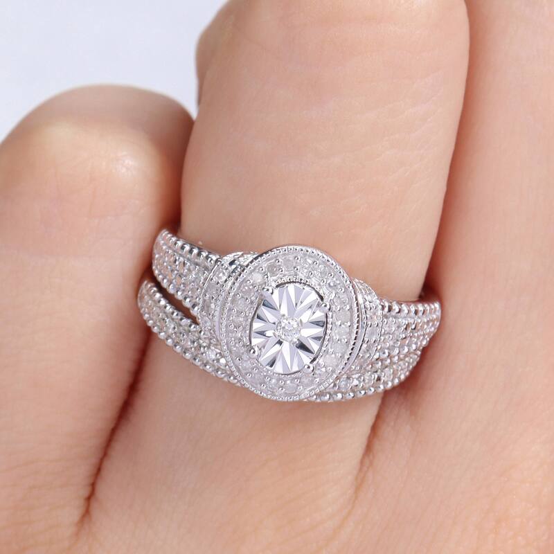 Miadora 1/4ct TDW Diamond Oval Halo Bridal Ring Set in Sterling Silver