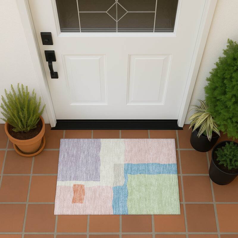 Machine Washable Indoor/ Outdoor Contemporary Blox Chantille Rug - Pink - 1'8" x 2'6"