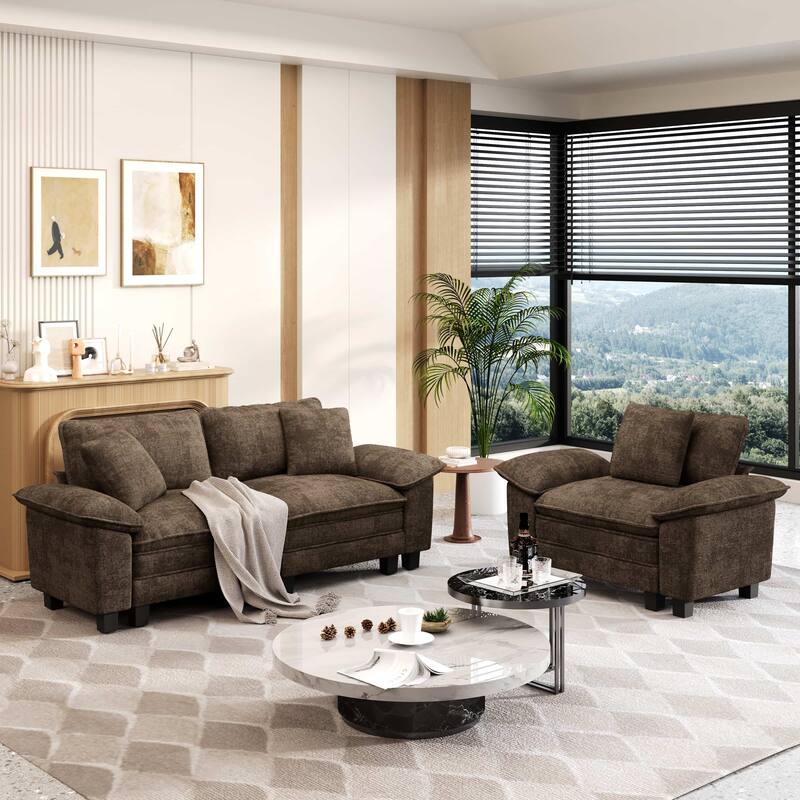 MAISON ARTS 2-Piece Chenille & Corduroy Sofa Set, Comfy 3/4/5-Seater Modular Loveseat & Armchair with Throw Pillows - Brown Chenille(3 Pieces) - Left Facing